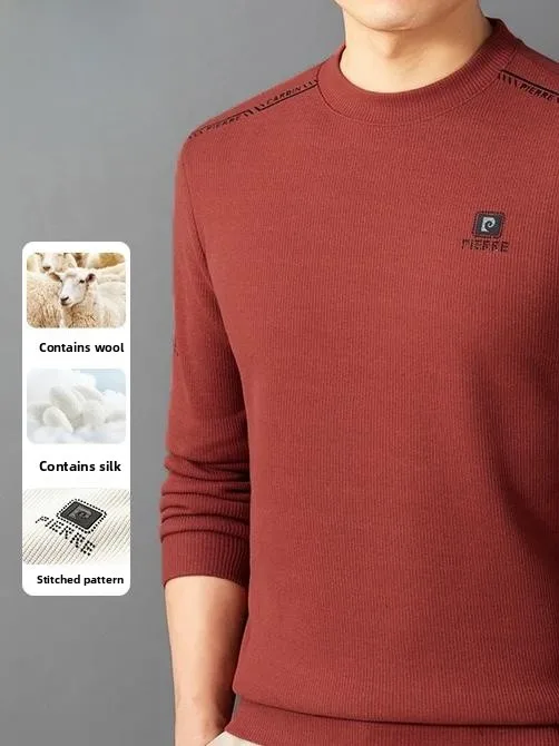 

Мужской свитер Pierre Cardin класса люкс с флисовой подкладкой, утолщенный, из шерсти и шелка, модный вязаный повседневный свитер-база