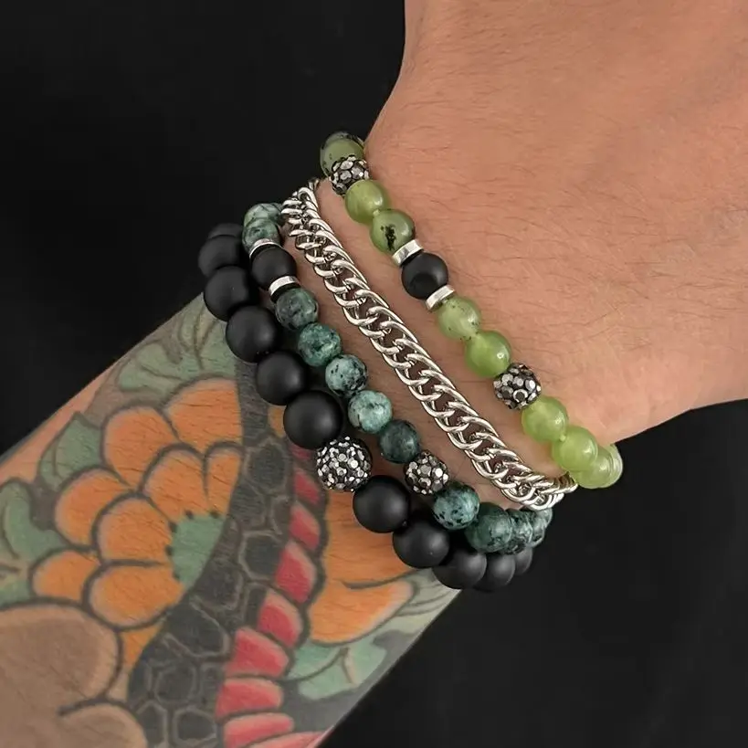 Salircon Trendy Inlaid Acrylic Rhinestone Resilient Bracelet for Men Vintage Cross Star Metal Chain Charm Bracelet Party Jewelry