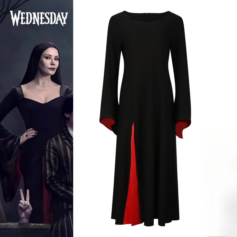 

Halloween Adult Women Morticia Addams Cosplay Costume Elegant Black Bell Sleeve Long Dress Party Outfit