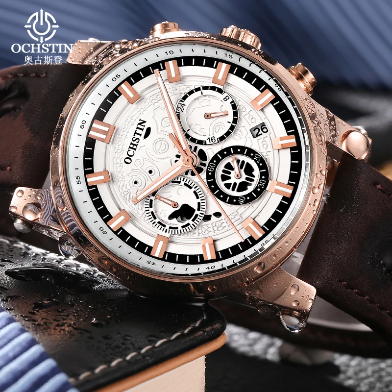 OCHSTIN Men's Classic Thin Case Leather Strap Pilot Quartz Watch Balanced Dial Dimension Male Luminous Hand Calendar Wrist