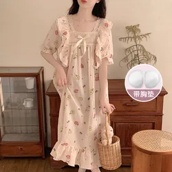 Plus Size Women Sweet Nightgown with Chest Pad Korean Summer Short-sleeved Pajamas Loose Sleepwear Homedress Can Be Worn Outside