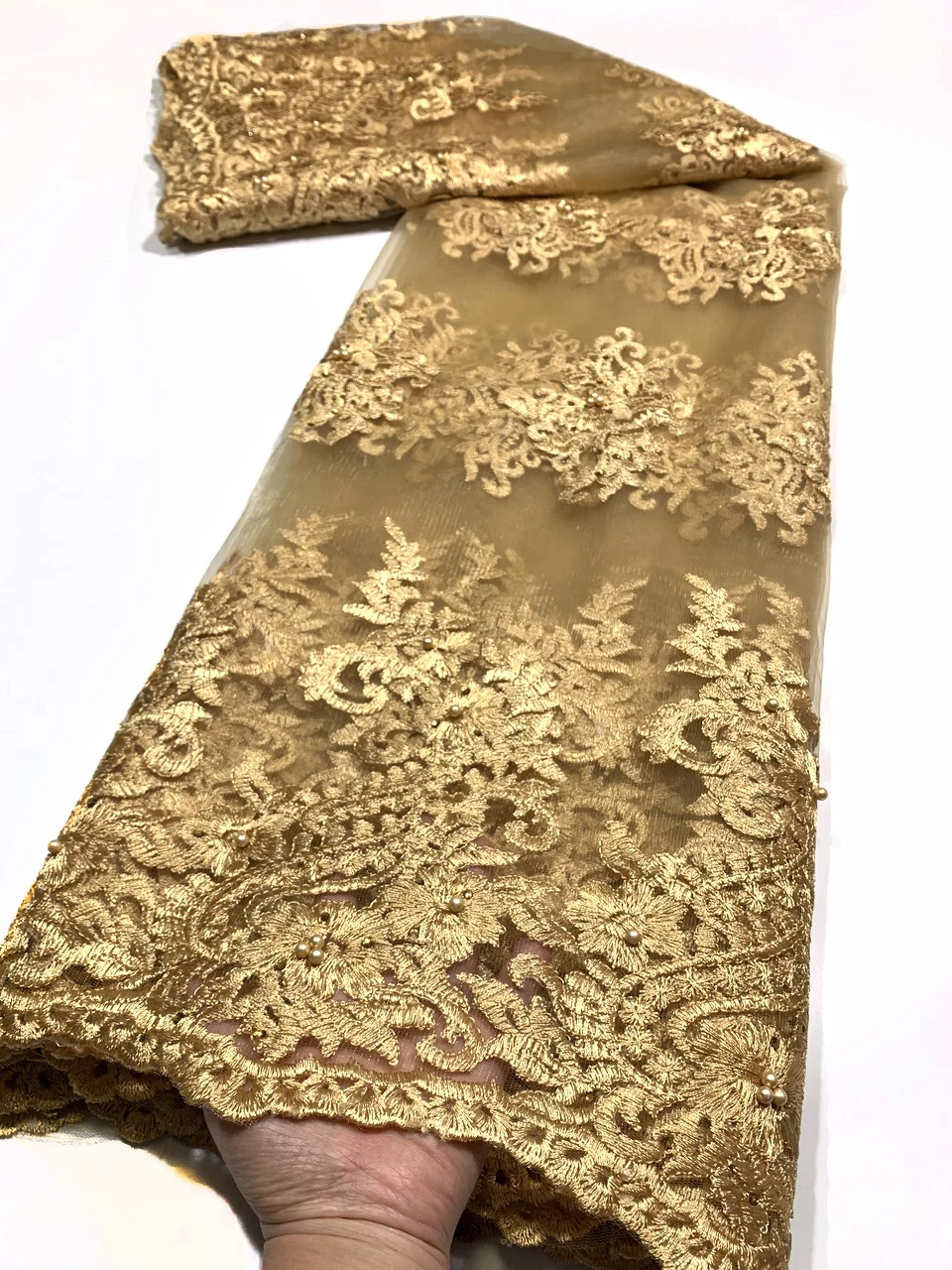 Latest Gold African Lace Fabric With Beads 2022 High Quality Nigerian Dubai Style Lace Fabric French Mesh Lace Fabric M5217