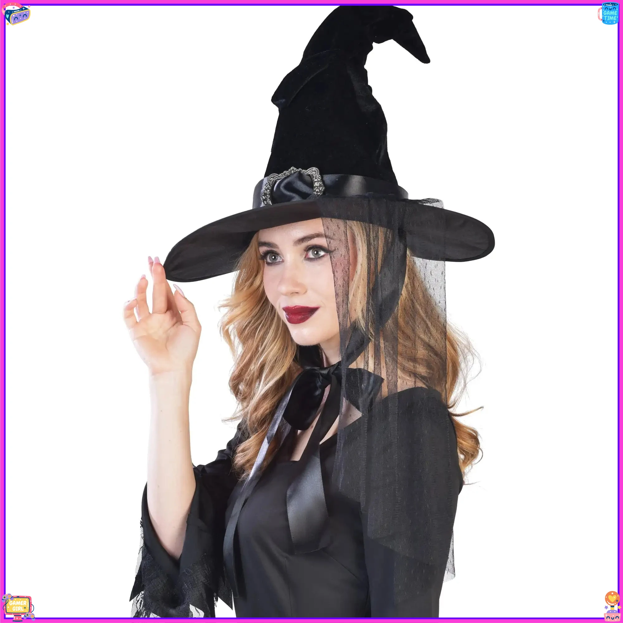 หมวกแม่มดแบบกอธิคสีดำประดับลวดลาย ขนาด 16 นิ้ว - อุปกรณ์เสริมชุดฮาโลวีนสำหรับผู้ใหญ่ พร้อมปีกหมวกขนาด 16 นิ้วสำหรับคอสเพลย์
