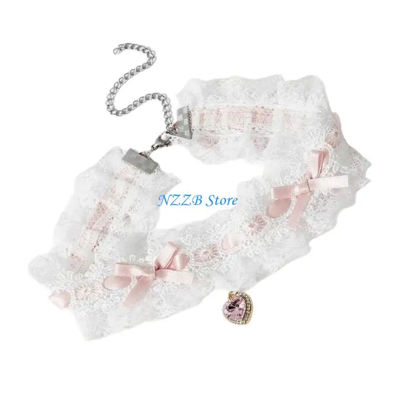 

T21F Lace Rhinestones Bowknot Heart Pendant Chokers Necklace Alloy Sturdy Chain for Daily Occasions