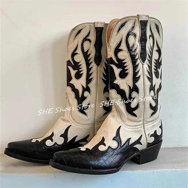 

Fashion Mixed Color Crocodile Skin Prints Women Boots Pointed Toe Chunky Heel Western Cowboys Boots Ladies Mid-calf Boots