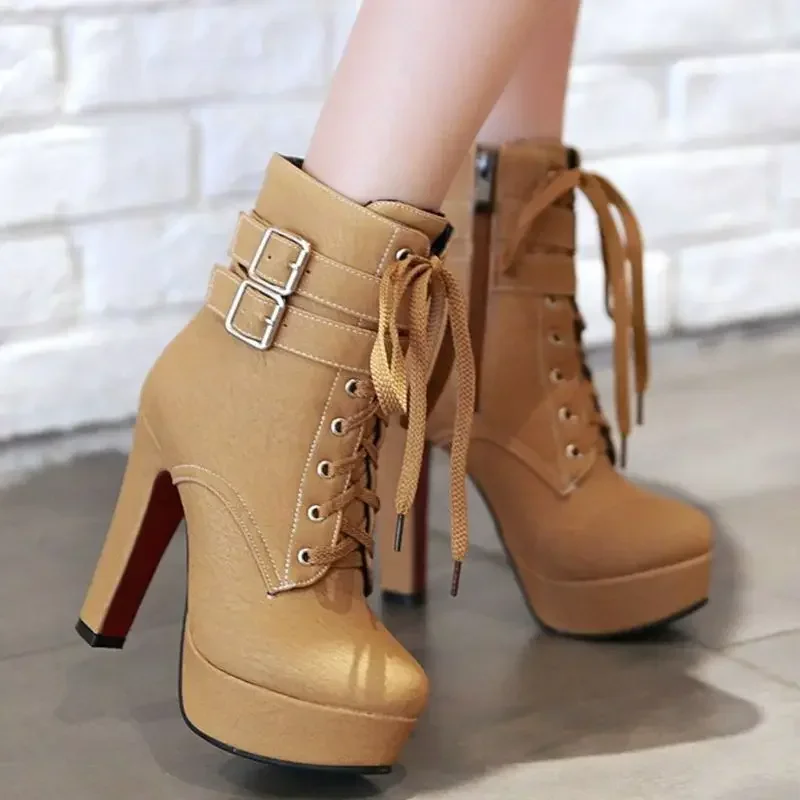 BLXQPYT Ankle Boots Women Fashion Round Toe Cross Tied Zippe High Heels Autumn Winter Party Dress Platform Boots Big Size 50 X-2