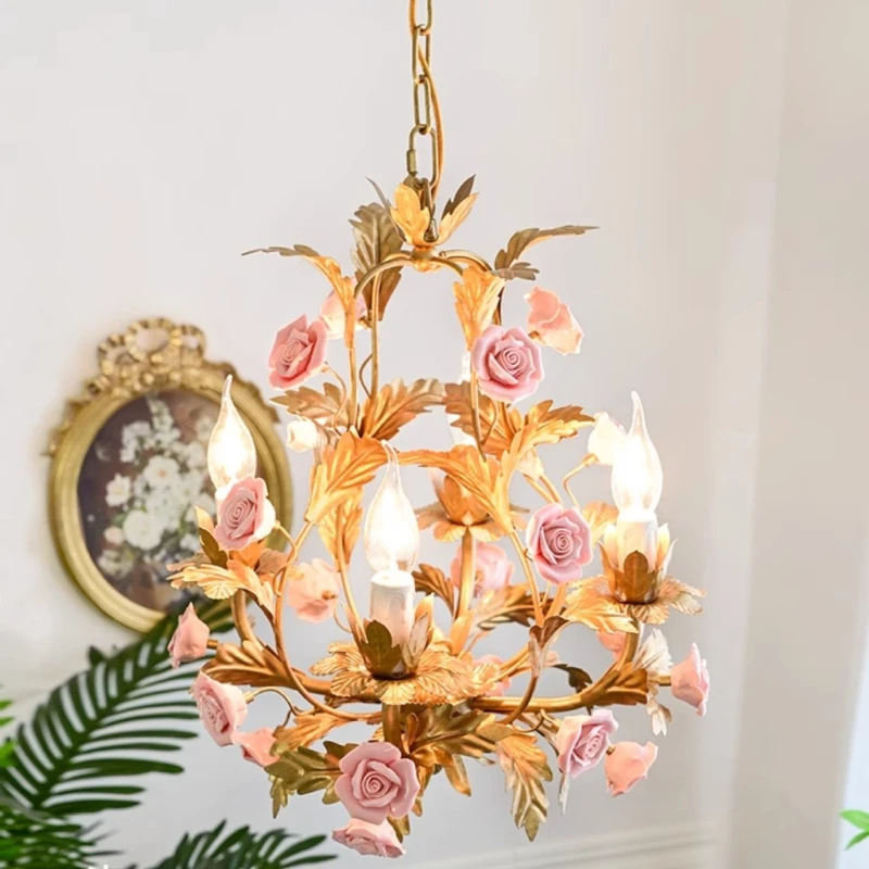 

French pastoral chandelier creative rose clothing store guest dining room candle light American country children