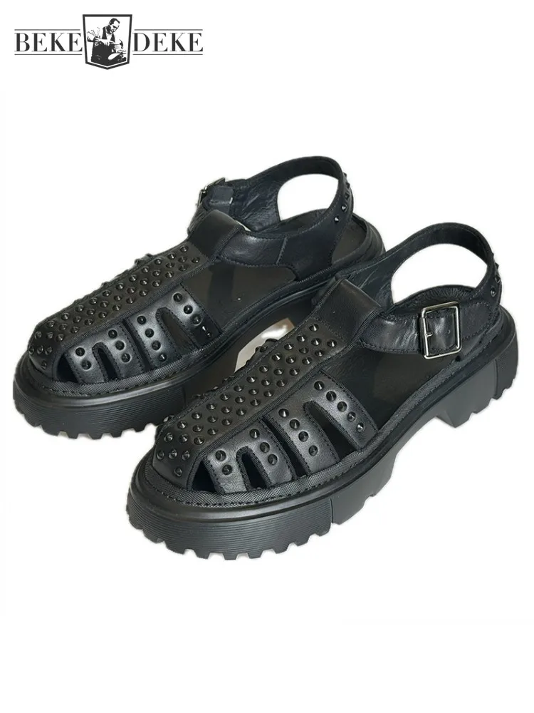 Men Retro Summer Rivet Close Toe Buckle Breathable Hollow Out Gladiator Shoes Strap Cowhide Genuine Leather Casual Beach Sandals
