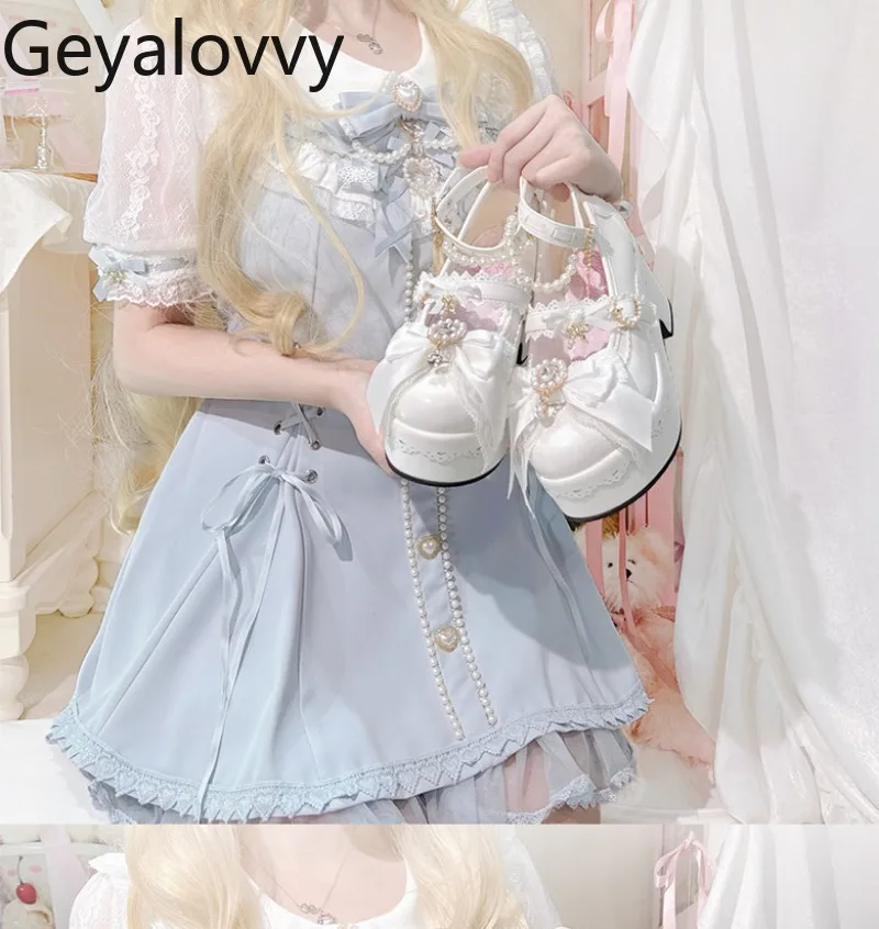 

2026 New Original Bow Tie Lace Pearl Collar Shirt Slim Fit Short Sleeve Tops and Shorts Sweet Cute Two-Piece Set for Girls