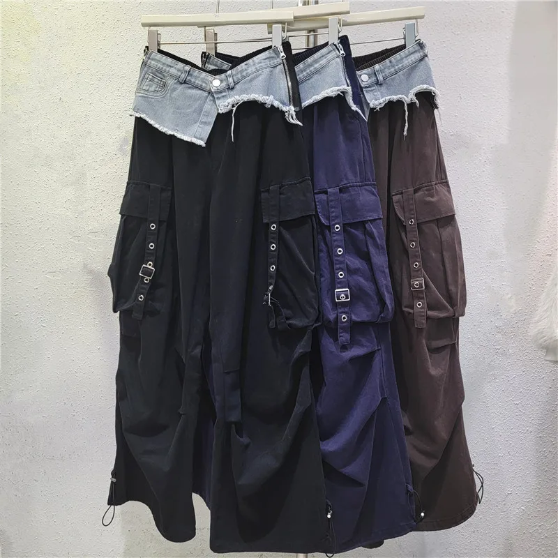 

Long Pant Women Two Fakes Pants Denim Splice High Waist Straight Trousers Y2k Streetwear Elegant Work Casual Loose 2025