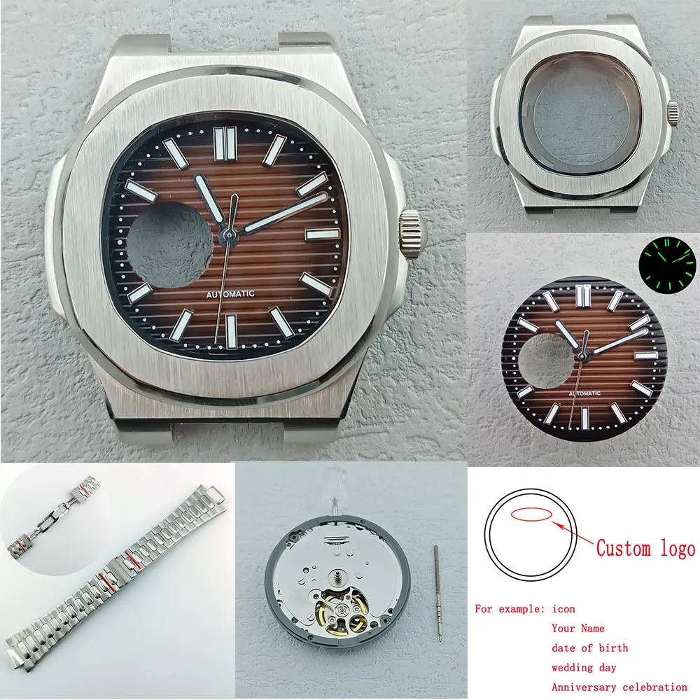 43mm NH38 Silver watch case suitable for NH38 movement mounted 316L stainless steel 10bar waterproof sapphire glass