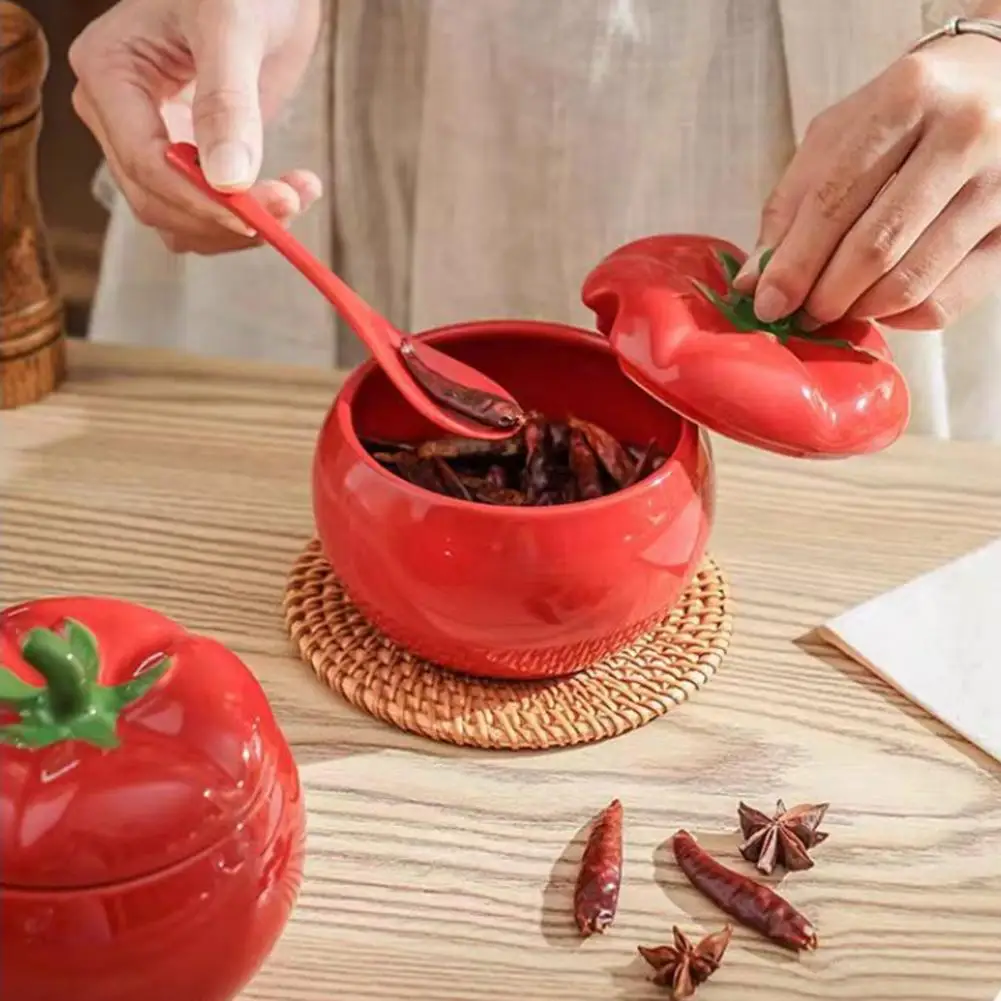 Tomato Ceramic Spice Jar with Lid & Spoon 420ml Salt Sugar Pepper Storage Pot Cute Chili Oil Pot Kitchen Seasoning Container