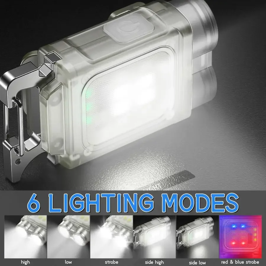 Mini Work Light 6 Modes Type-C USB Rechargeable Flashlight with 2*LED+COB Side Lights Portable Keychain Light Camping Lamp Torch