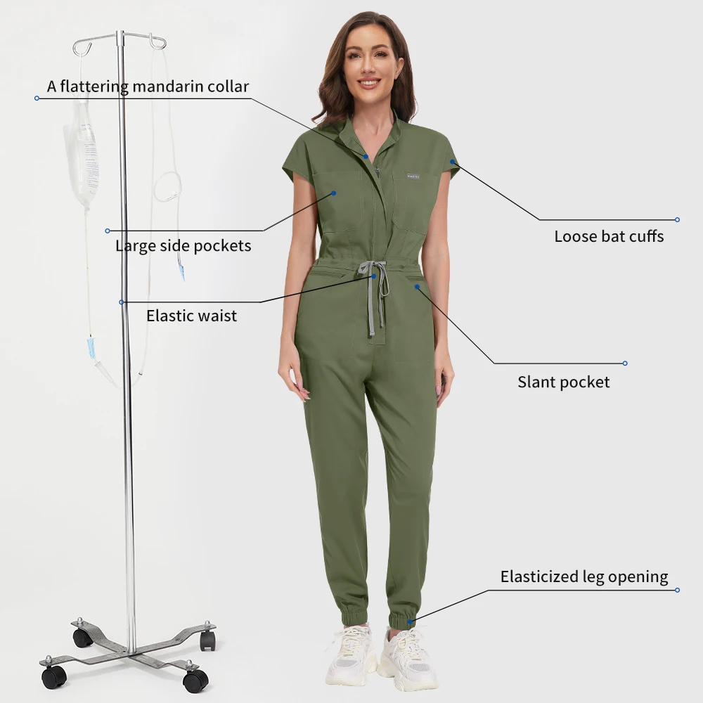 Niaahinn Zipper Neck Lab Jumpsuit Pet Grooming Nurse Uniform Onesie Short Sleeved Scrubs Workwear Health Service Nursing Clothes