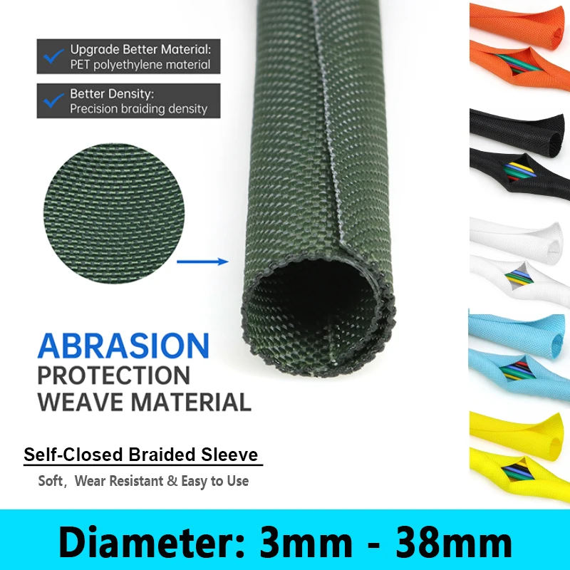 Self-Closed Braided Sleeve 3 5 8 10 13 16 19 25 30 38mm Cable Organizer PET Insulated Wrap Split Loom DIY Wire Protect Tube