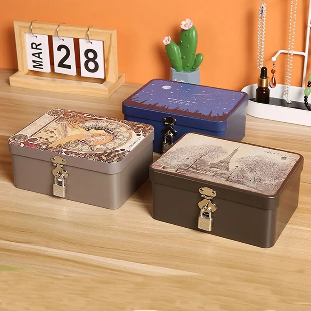 Convenient Vintage Tinplate Box Large Capacity Household Desktop Storage Case with Lock Key Jewelry Empty Box