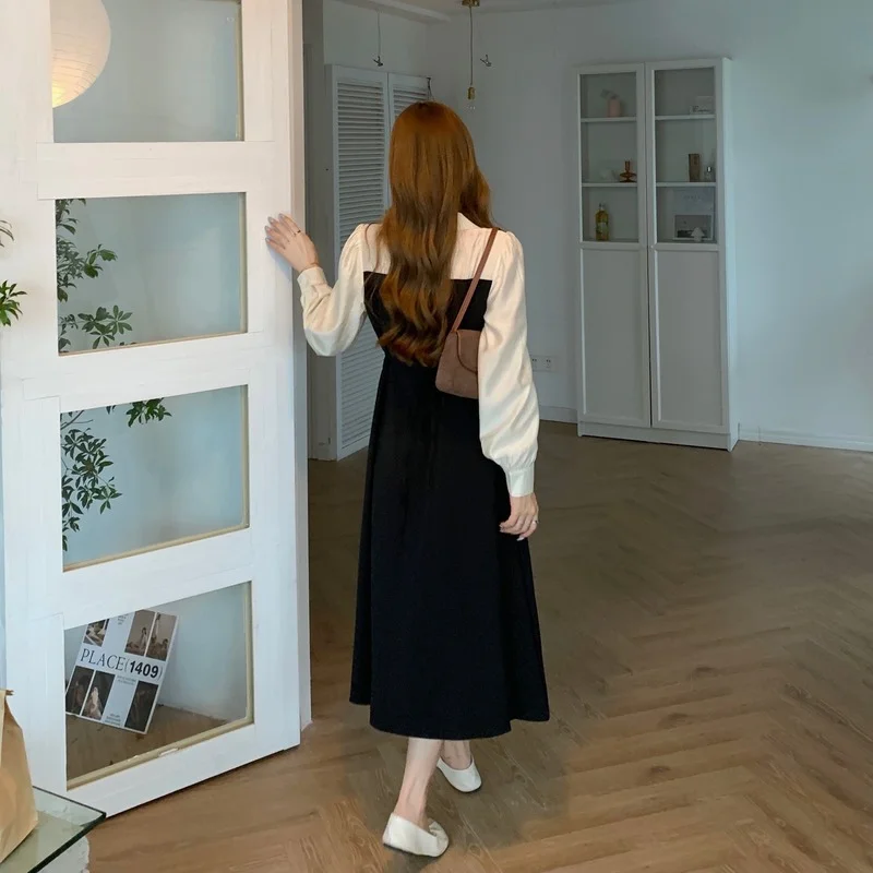 فستان أنيق بتصميم فرنسي للنساء مكون من قطعتين بتصميم حضري نحيف وخصر عالي وطيات بطول الركبة فساتين طويلة بنمط بريبي ملابس