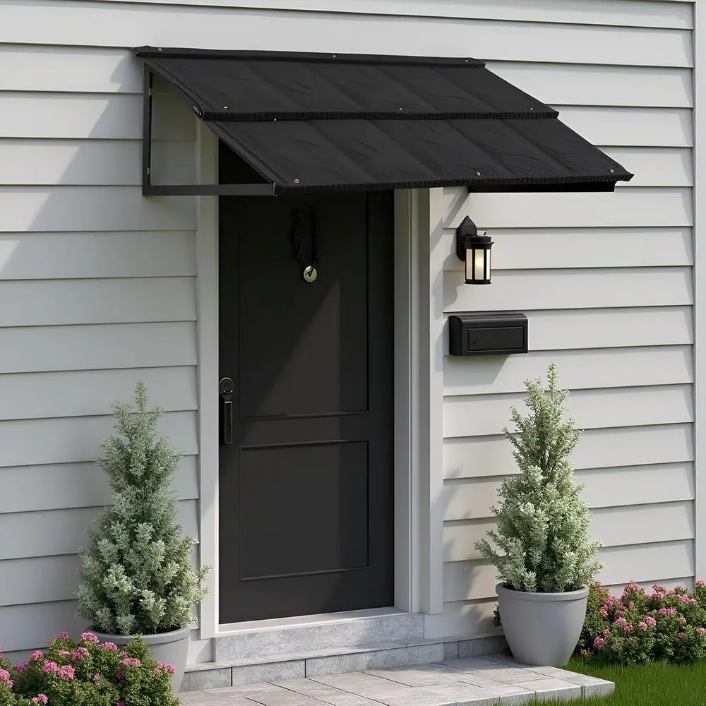 Black Outdoor Patio Awning, Galvanized Steel, 52.75 x 31, Door & Window Metal Awning with Bracket