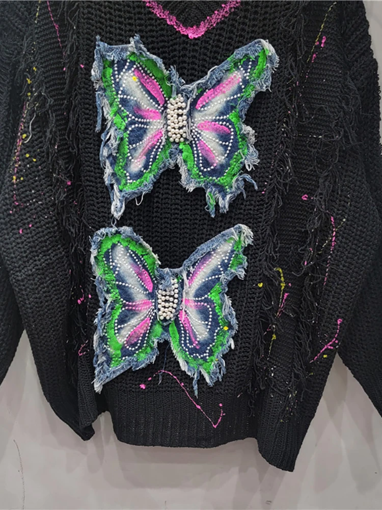 DEAT Women Pullover Butterfly Patches Design Graffiti Loose O-neck Black Knitted Tassel Sweaters Autumn 2024 New Fashion 29L8308