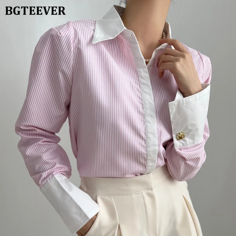 BGTEEVER Casual Long Sleeve Loose Women Striped Shirts Tops Spring Summer Lapel Single-breasted Patchwork Blouses Female