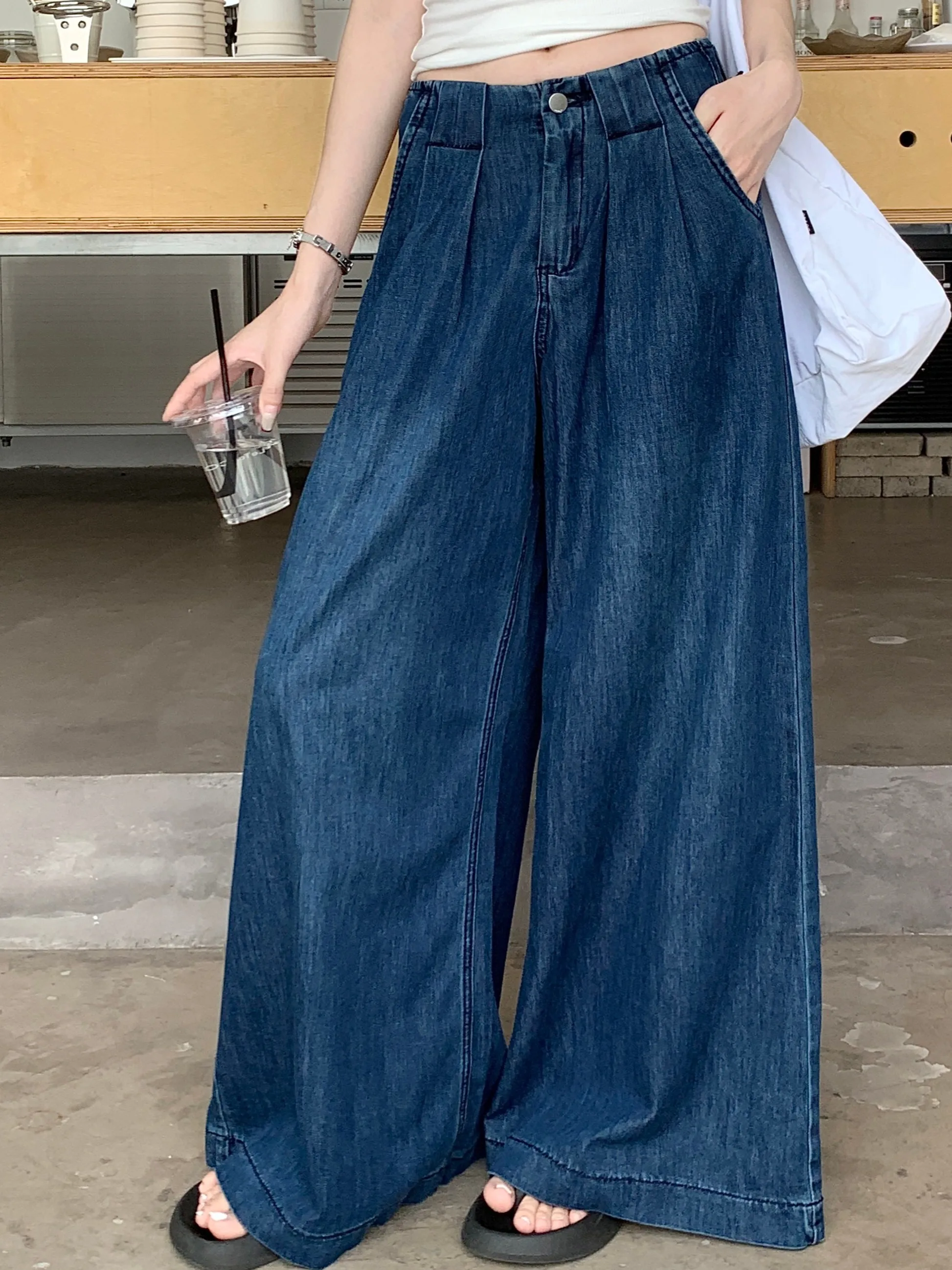 

2025 New Wide Leg Denim Jeans Women's Retro Design Loose All-Match Design Long Trousers High Waist Blue Long Pants