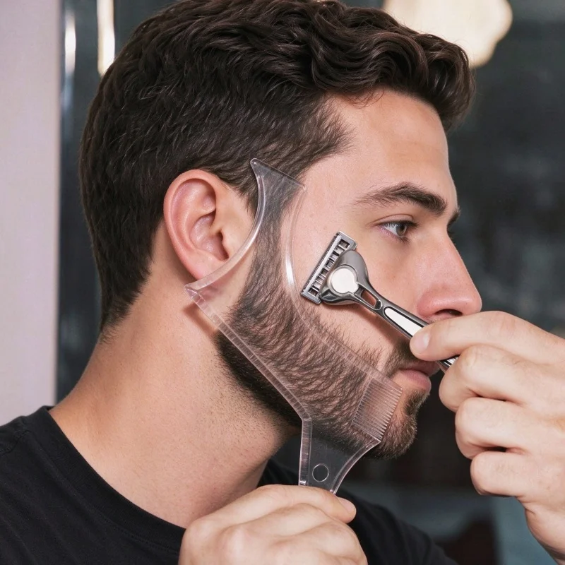 1pc Men's All-In-One Beard Shaping Tool Styling Template Stencil Comb Modeling Ruler Trim Template Groomed Facial Moustache