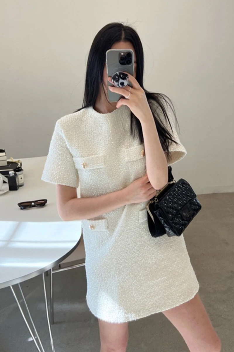 

2025 Women Summer Tweed Dress 4 Pocket Round Neck Short Sleeve Loose Fit Thin Mini Dress Petite Casual Daily Wear Female Clothes