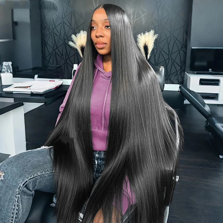 

200% 40 Inch Transparent Lace Straight 13X4 Lace Front Human Wigs Natural Black Color Pre Plucked Natural Hairline Long Hair