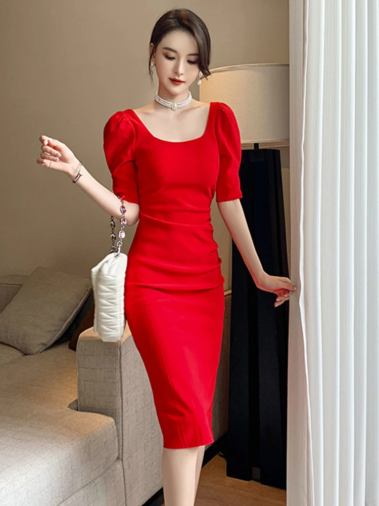 French Style Vintage Square Collar Puff Sleeve Midi Party Dress Ladies OL Elegant Streetwear Backless Female Bodycon Split Dress