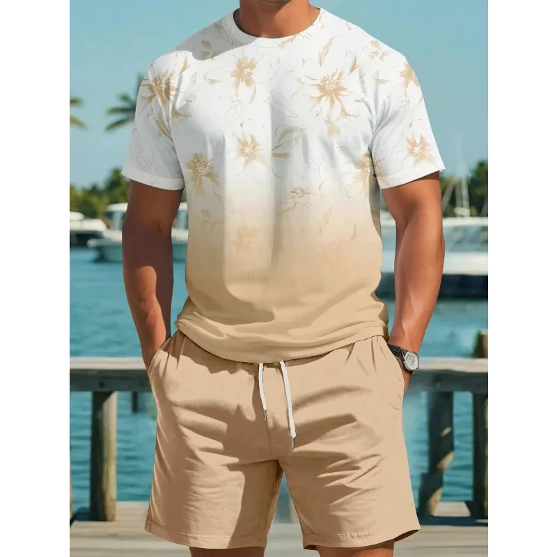2025 Summer Men's Sportswear T-shirt Set 3D Printed Tropical Floral Women's Round Neck Short Sleeved Shorts Beach Vacation Suit