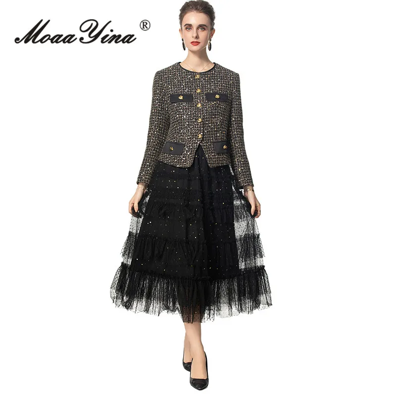 MoaaYina Mode Herbst Und Winter frauen Linie Pailletten Einreiher Top + Rüschen Rand Pailletten Unten Rock Zwei-stück Set