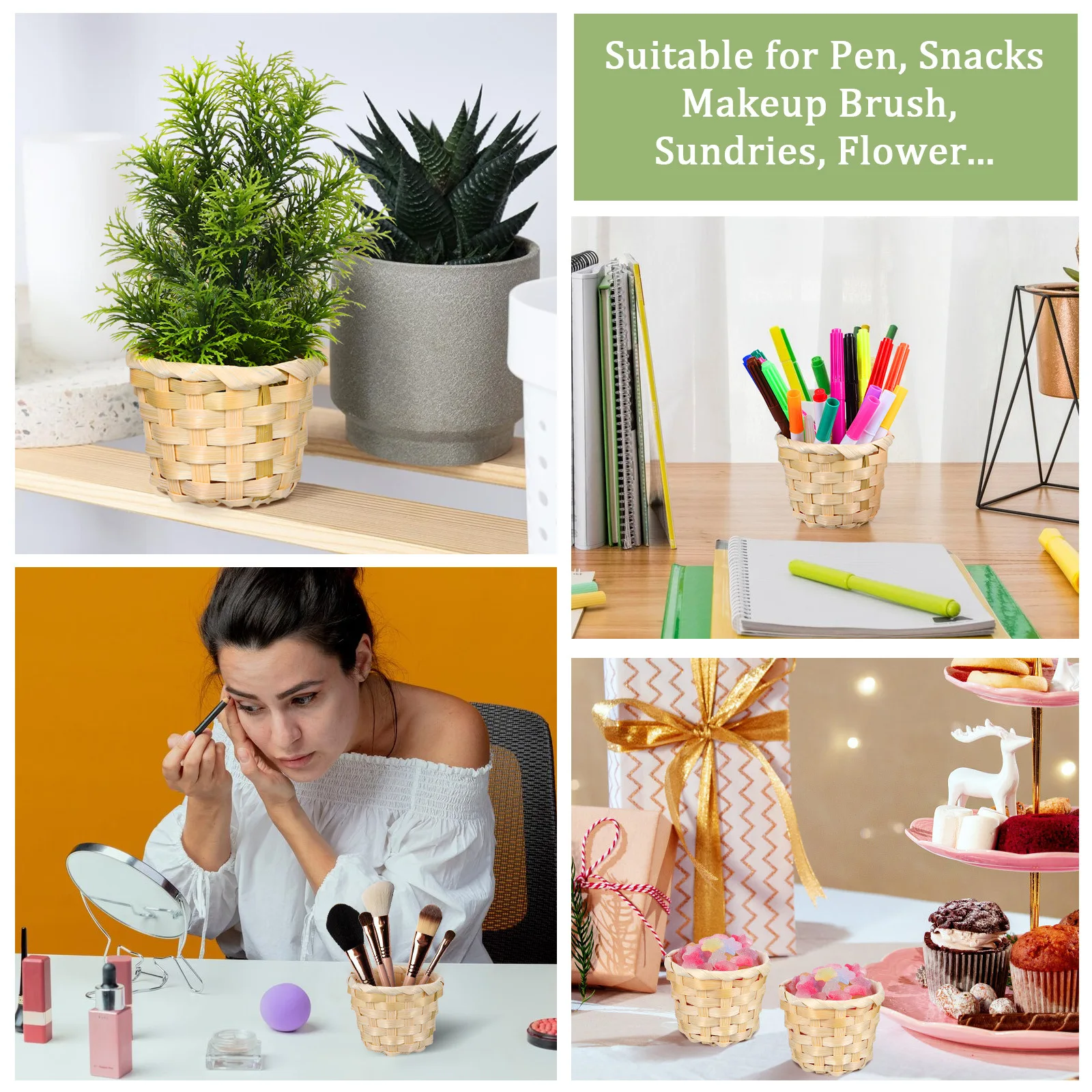 

6Pcs Exquisite Wooden Storage Basket Desktop Organizer Hand Woven for Fruits Snacks Home Decoration Wood Woven Basket