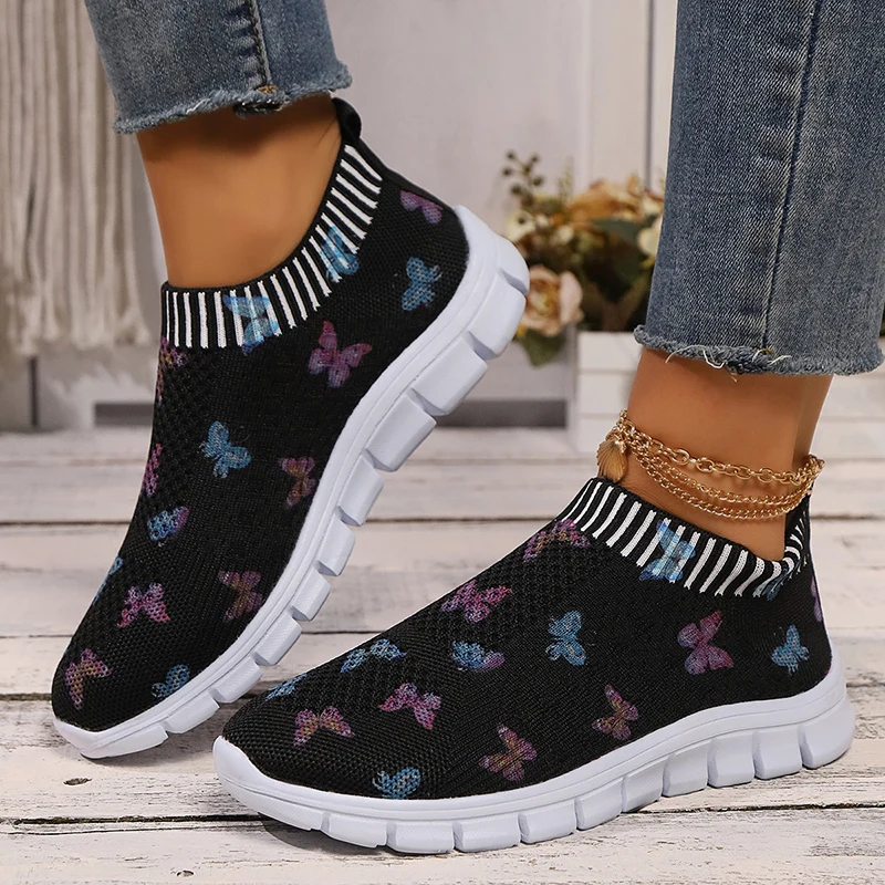 Sneakers Casual lavorate a maglia da donna moda farfalla stampa suola morbida scarpe da corsa donna scarpe da ginnastica piatte traspiranti leggere