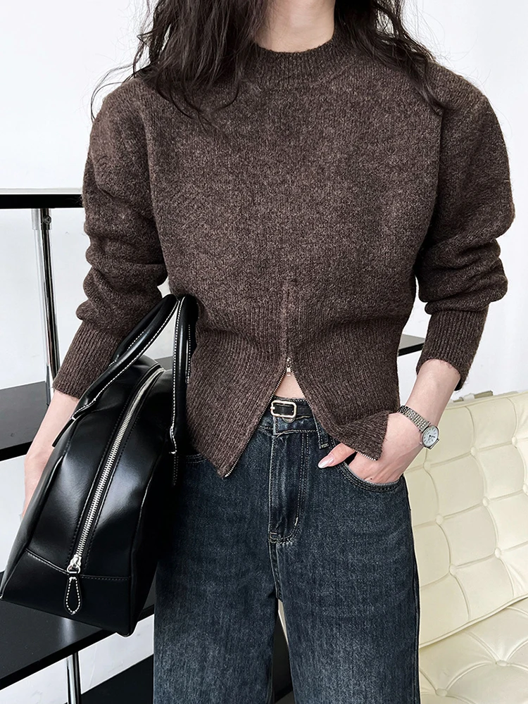 

New Fashion Spring Autumn 2026 Gray Hem Zipper Big Size Knitting Sweater Round Neck Long Sleeve Women Pullovers