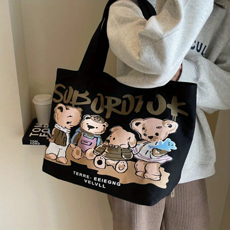 

Large Capacity Canvas Tote Bag With Cartoon Print, Summer Casual Shoulder Bag For Commuting, Versatile Laptop Bag For School