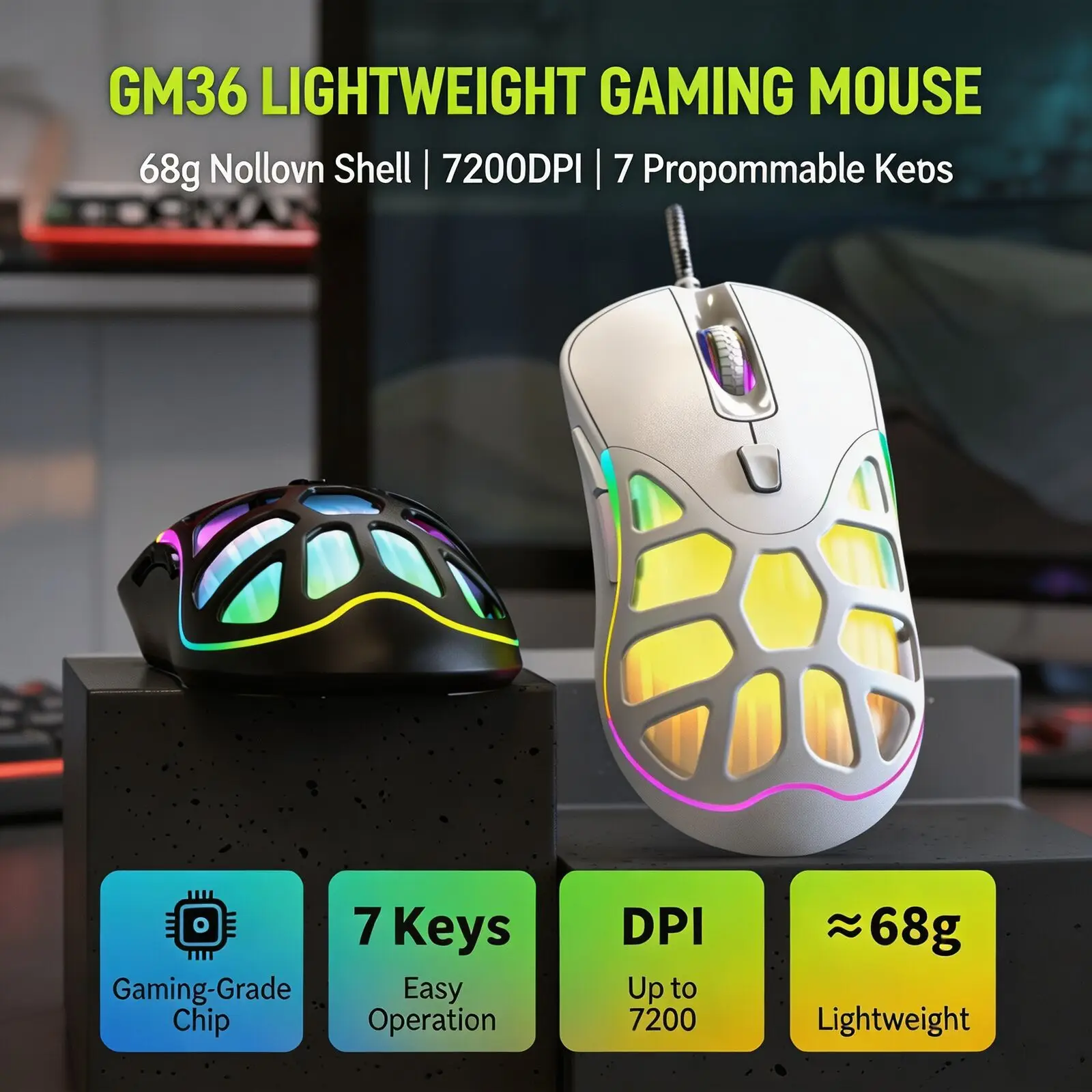 Hollow Wired Gaming Mouse 7 Keys Macro Programmable 7200DPI RGB Backlit 68g Lightweight Ergonomic USB Mice For PC Laptop Gamer