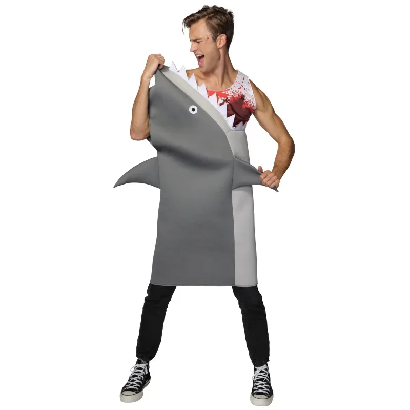 Costume de requin unisexe pour adultes et enfants, masque de cosplay d'Halloween pour la famille, impression amusante de Tim, attaque de sang, hommes mangeant une robe de paupières