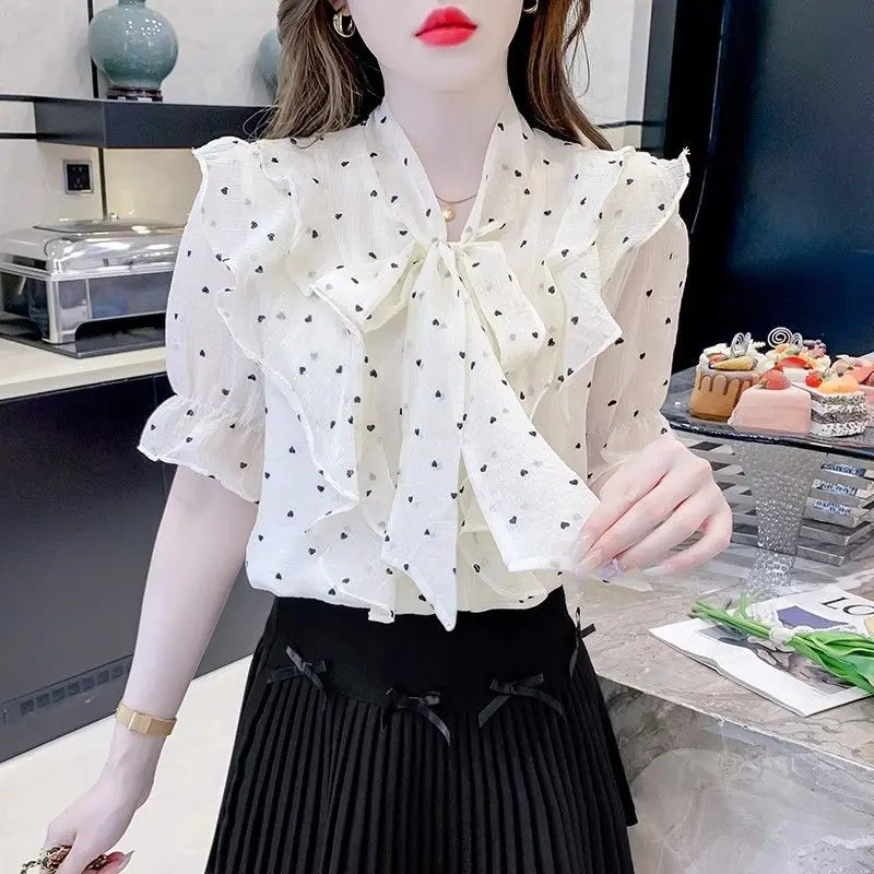 

French Bow Tie Ruffle Polka Dot Shirt Women's Summer Loose Short Sleeve Chiffon Blouse Design Top
