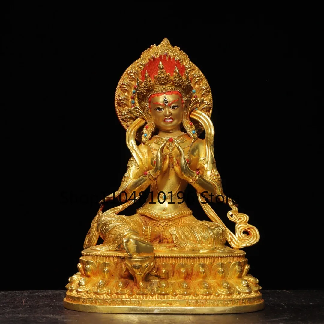 Bronze Gilded Painted Face Puma Vajrayana Buddha Lotus Terrace Sitting Buddha
