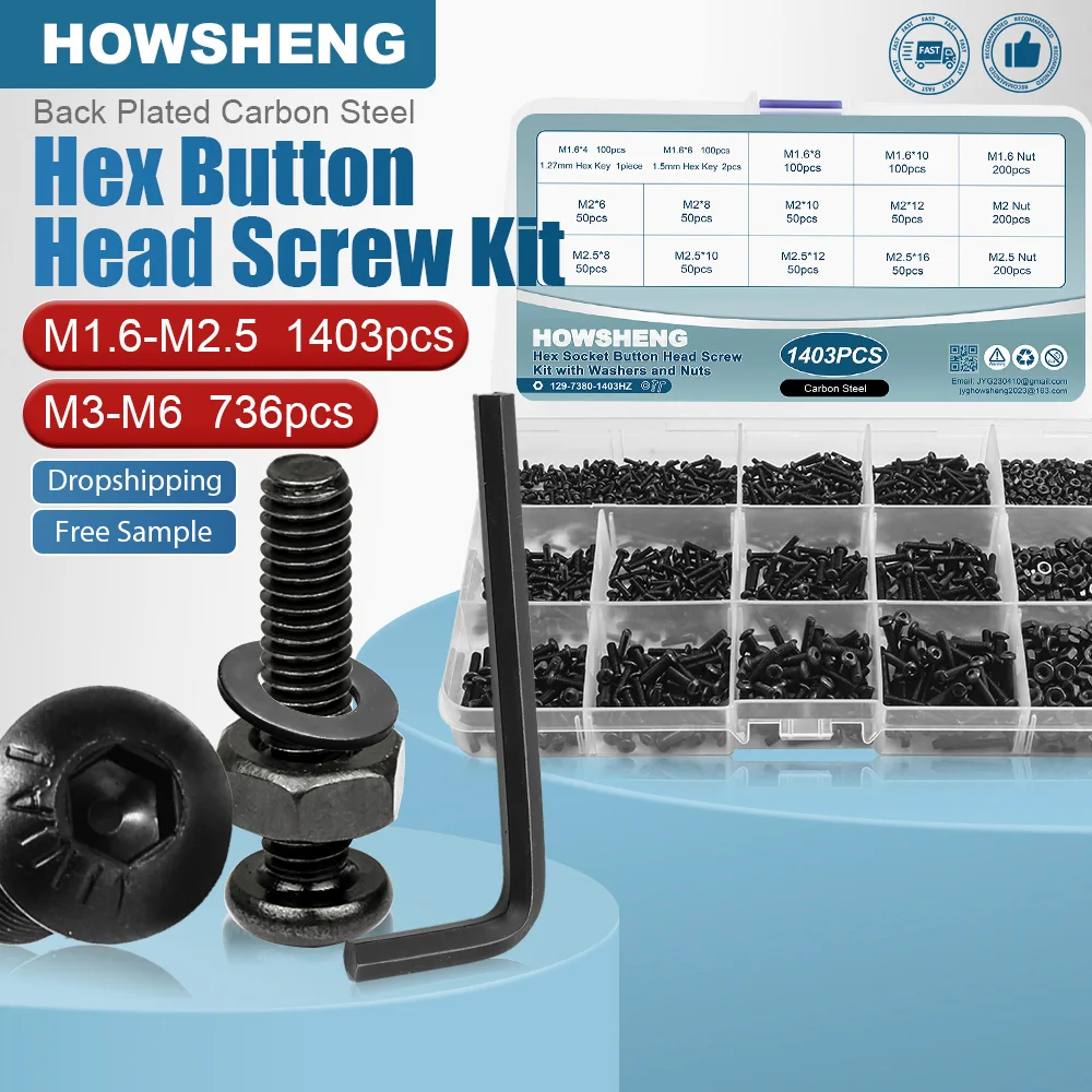 736/1403pcs Button Head Hex Socket Screw Set m1.6 m2 m2.5 Black 12.9 Grade Allen Round Head Screws Bolt Nut Kit Set