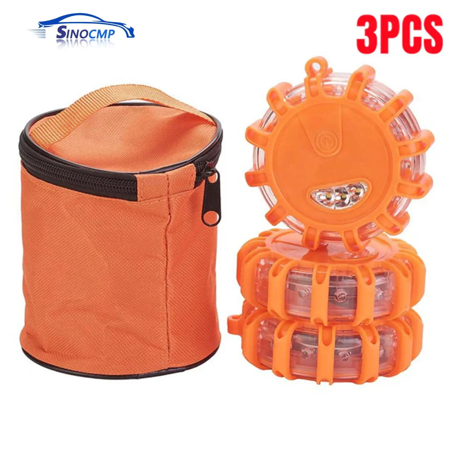 3 PCS LED Road Flares Emergency Lights Roadside Safety Beacon Disc Flashing Warning Flare Kit with Magnetic Base Storage Bags