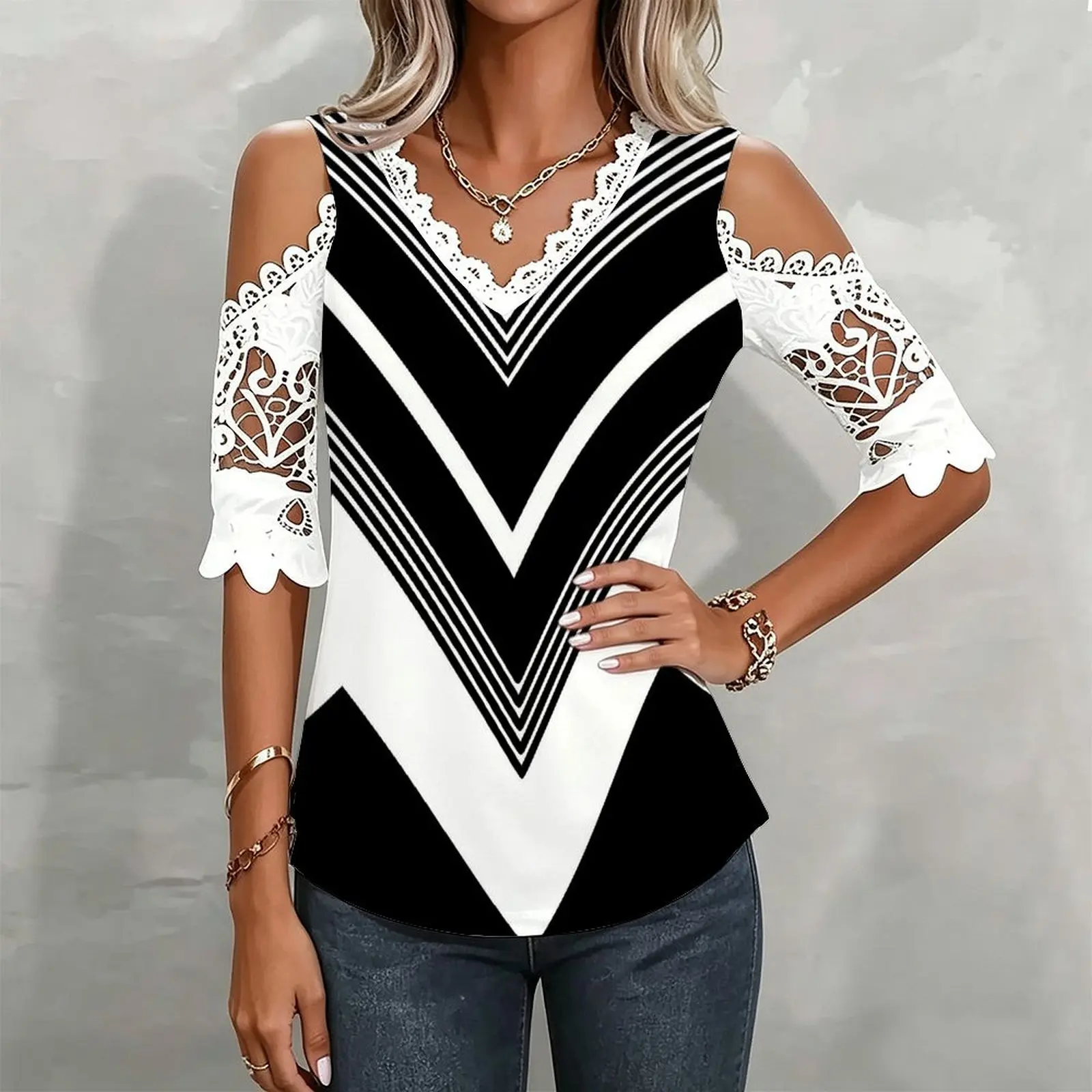 Sexy Elegance V‑neck Cold Shoulder 3/4 Sleeve Ladies Top Summer Slim T‑shirt Everyday Commuting Vacation Versatile Wear