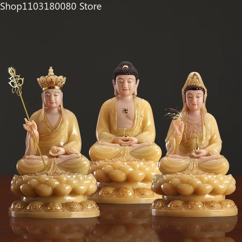 White marble jade gilt Sit Lotus Yellow White marble Shakyamuni Guanyin Buddha statue Kwan-yin Ksitigarbha sculpture large size