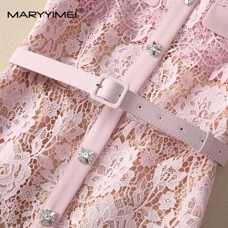 MARYYIMEI Chic Lace Hollow Out Summer Dress Short-Sleeved Single-Breasted Lace-Up Beading New Fashion S-3XL Long Dresses