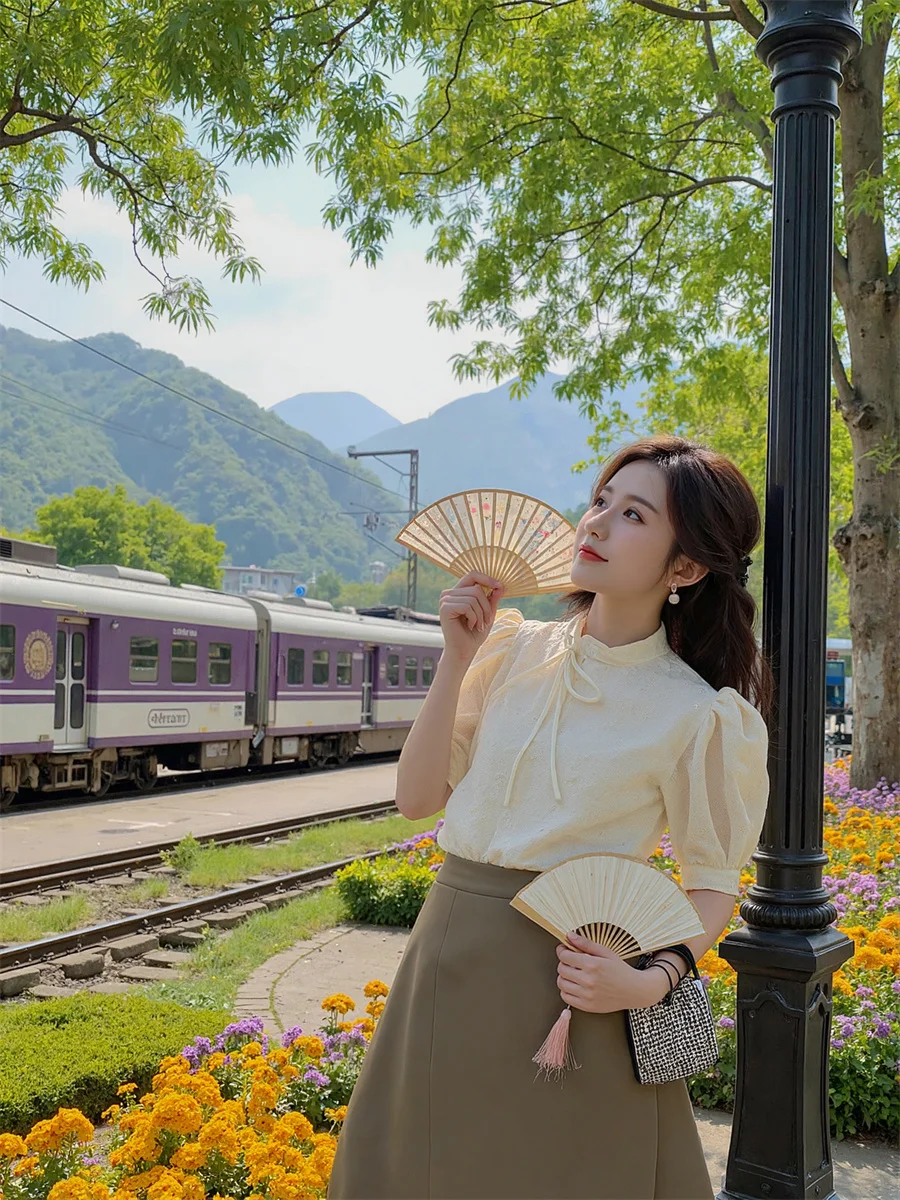 

Винтажные блузки с воротником-стойкой, женские винтажные блузки на шнуровке с рукавами-фонариками в консервативном стиле Kawaii, уличная одежда для колледжа, женственная лоскутная сетка