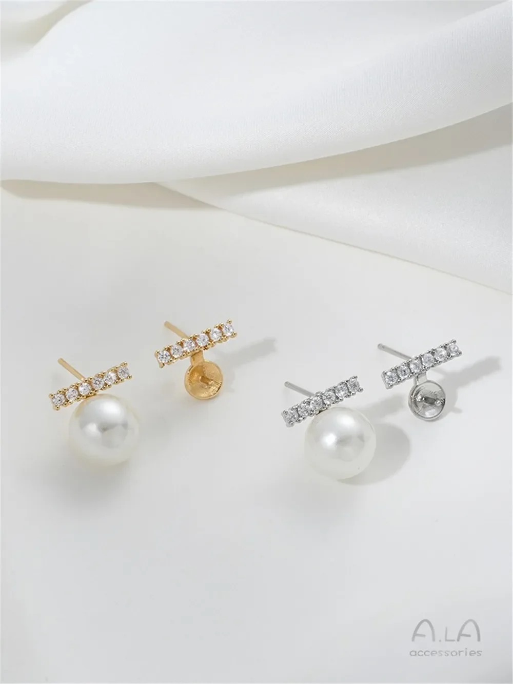 14K Gold-plated C-shaped I-shaped Zircon Half-hole Bead Stud Earrings 925 Silver Needle Bonded Pearl Earrings Accessories F418