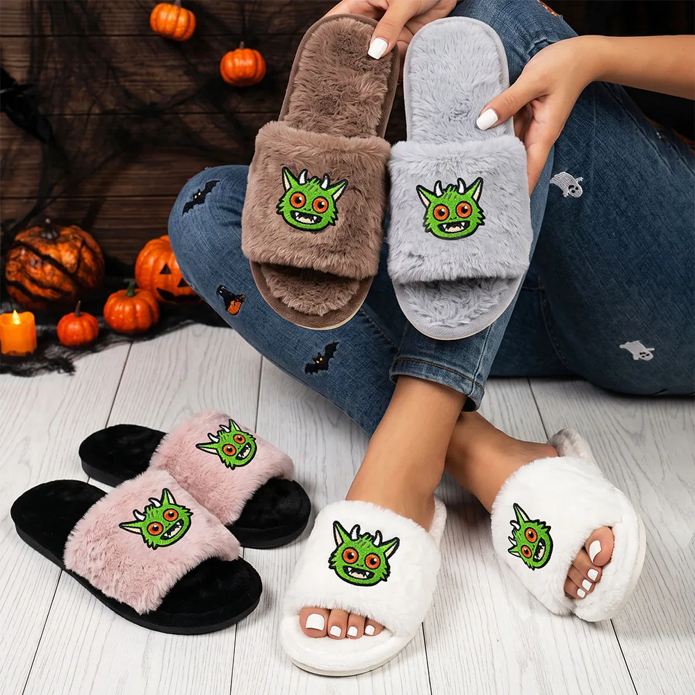 New Women Fashion Cozy Halloween Fur Slides Lightweight Flat Heel Open Toe Monster Design Indoor Home Shoes