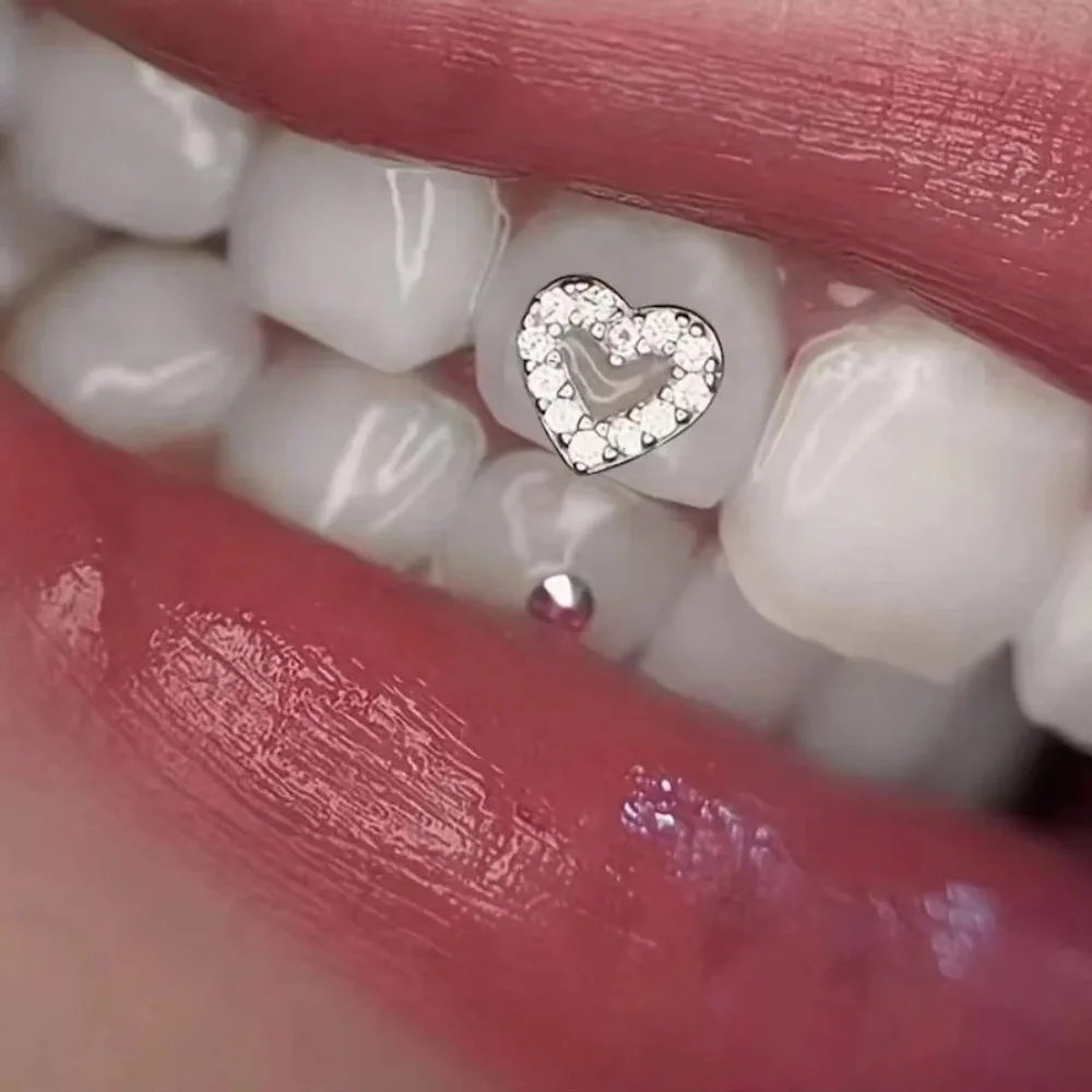Metal Teeth Gems Star Cross Heart Shape Rhinestones Hollow Thin Silver Tooth Jewelry Oral Decoration Reusable Party Accessories.