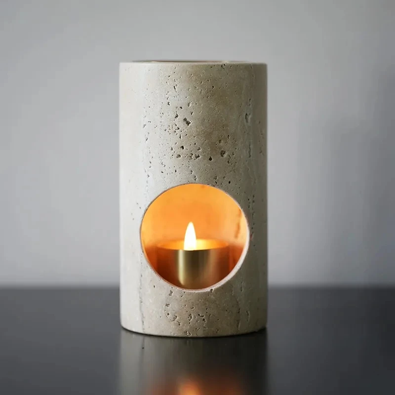 

Customized Turkish Beige Travertine Stone Cylinder Essential Oil Burner