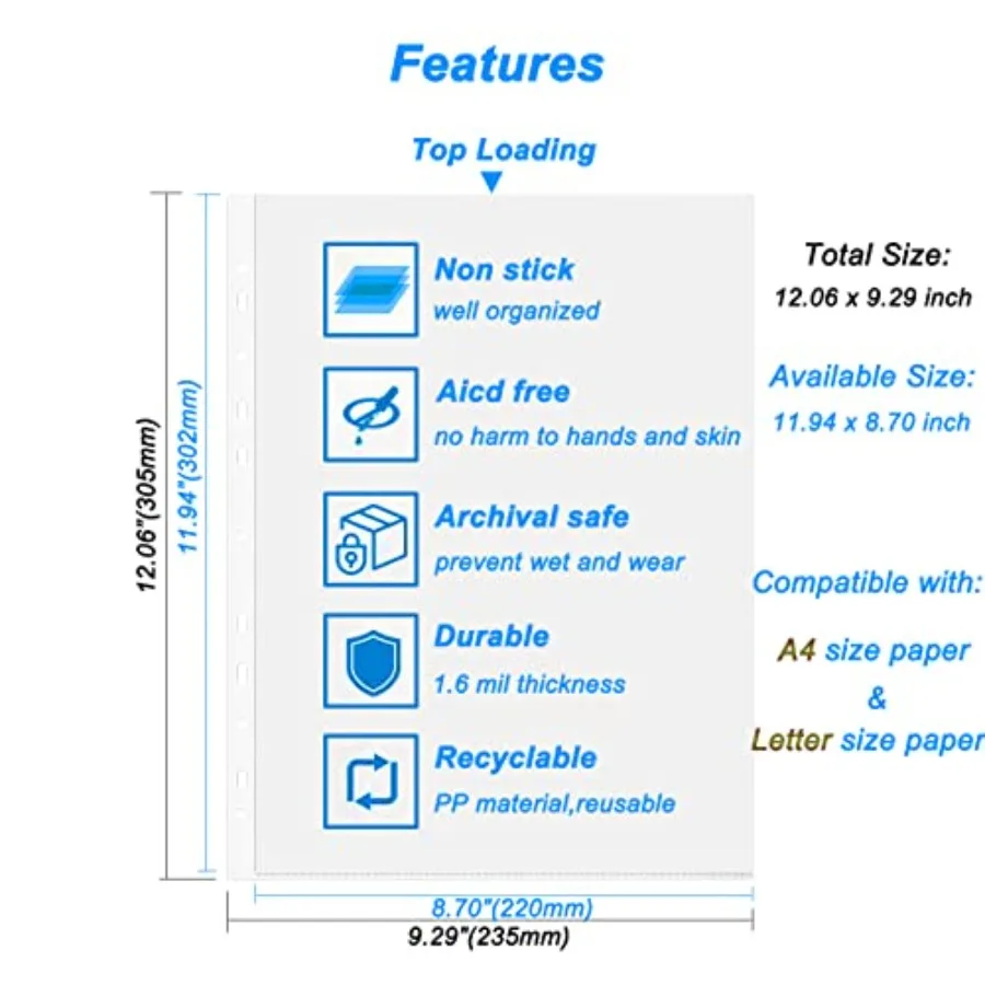Transparente Papier-Aktenblattschutz, A4-Format, 8,5 x 11 Ih, transparente Seitenhüllen, 5 °C, 2,4 mm Dicke, Dokumenten-Augivierungsaufbewahrung, O